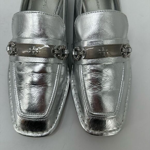 Tory Burch Perrine Metallic Chain Loafers Size 6.5 Silver Leather Flats - Picture 4 of 14